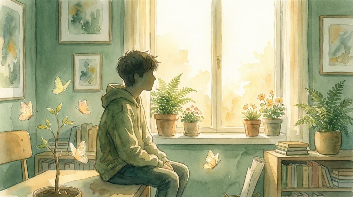 A young person in a nurturing environment with butterflies and plants, representing growth and hope