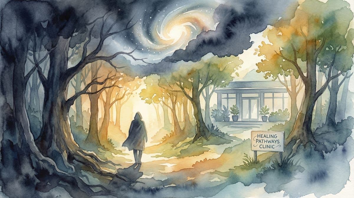 A figure emerging from darkness into warm golden light, representing healing and recovery from trauma