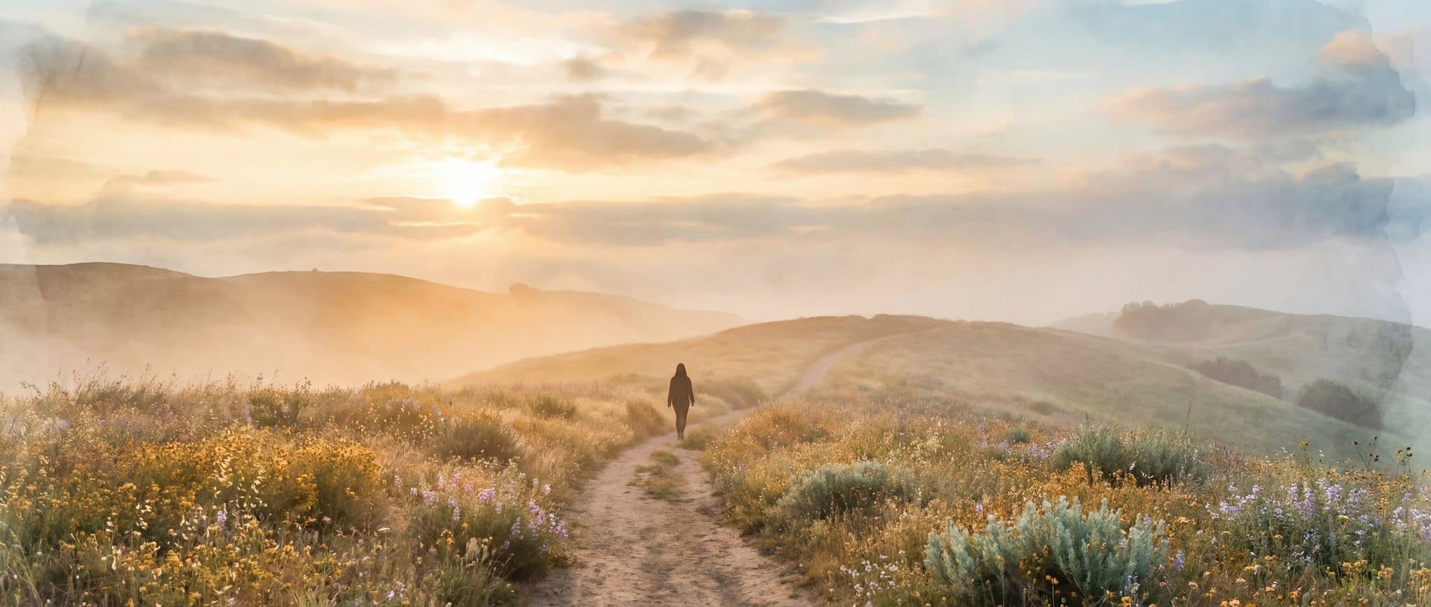 A path leading toward new horizons at sunrise - representing hope and healing